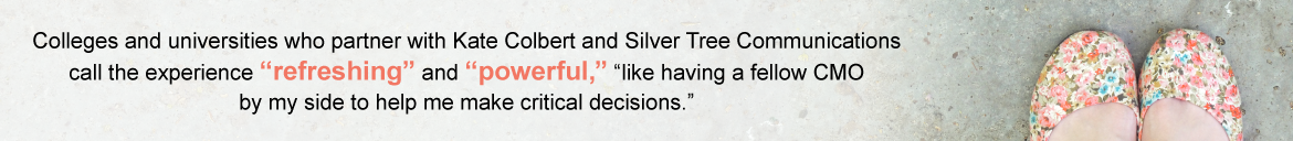 Colleges and universities who partner with Kate Colbert and Silver Tree Communications call the experience “refreshing,” “powerful,” “like having a fellow CMO by my side to help me make critical decisions.”